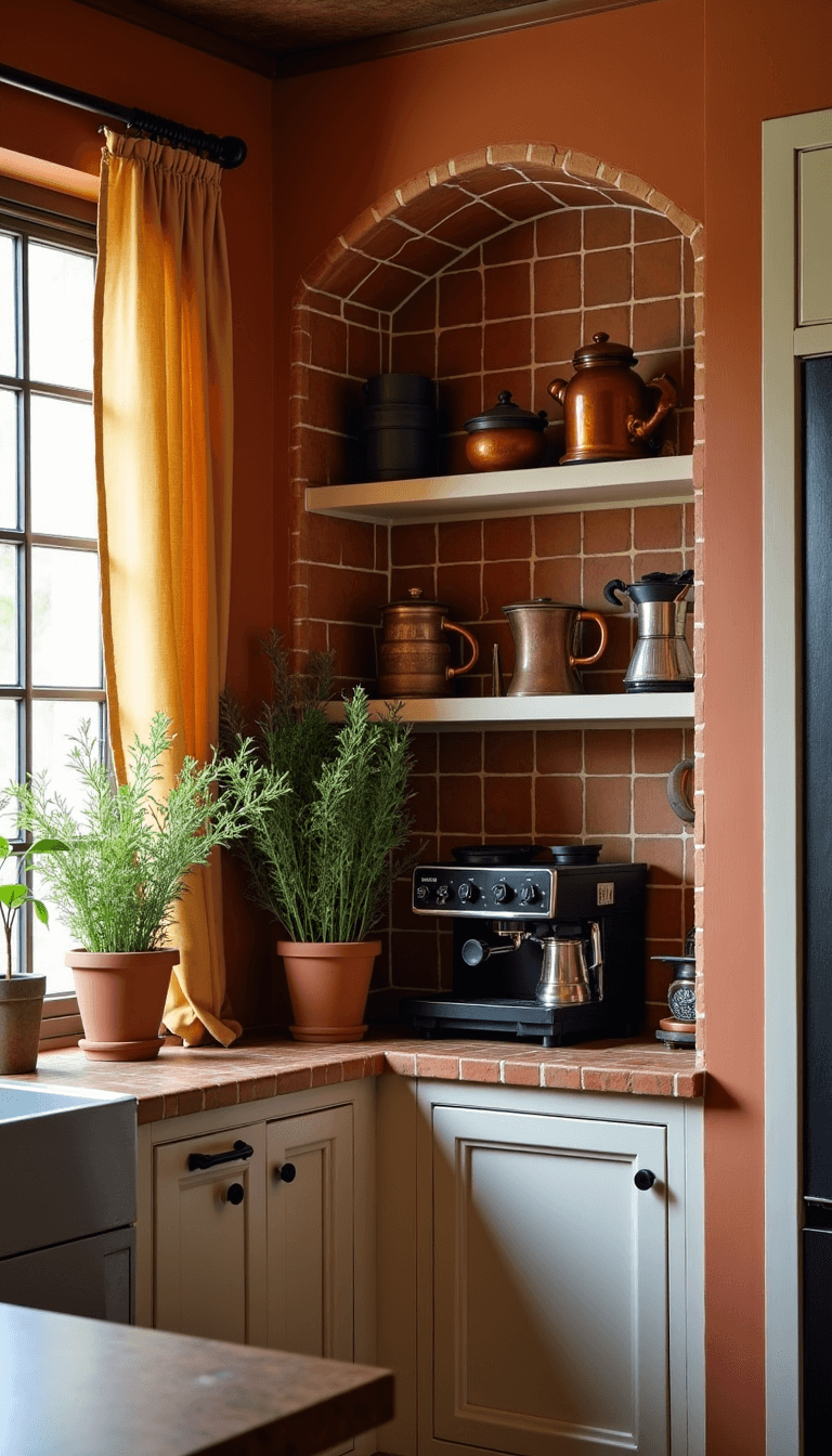 Intimate angled photo of a rustic Italian-inspired coffee station with built-in espresso setup, copper moka pots, and ceramic cups on open shelving, in a 6x8 foot kitchen corner with natural light filtering through cafe curtains and terracotta tiled frame; features warm terracotta colors, deep woods, creamy neutrals, and fresh herbs in pots.