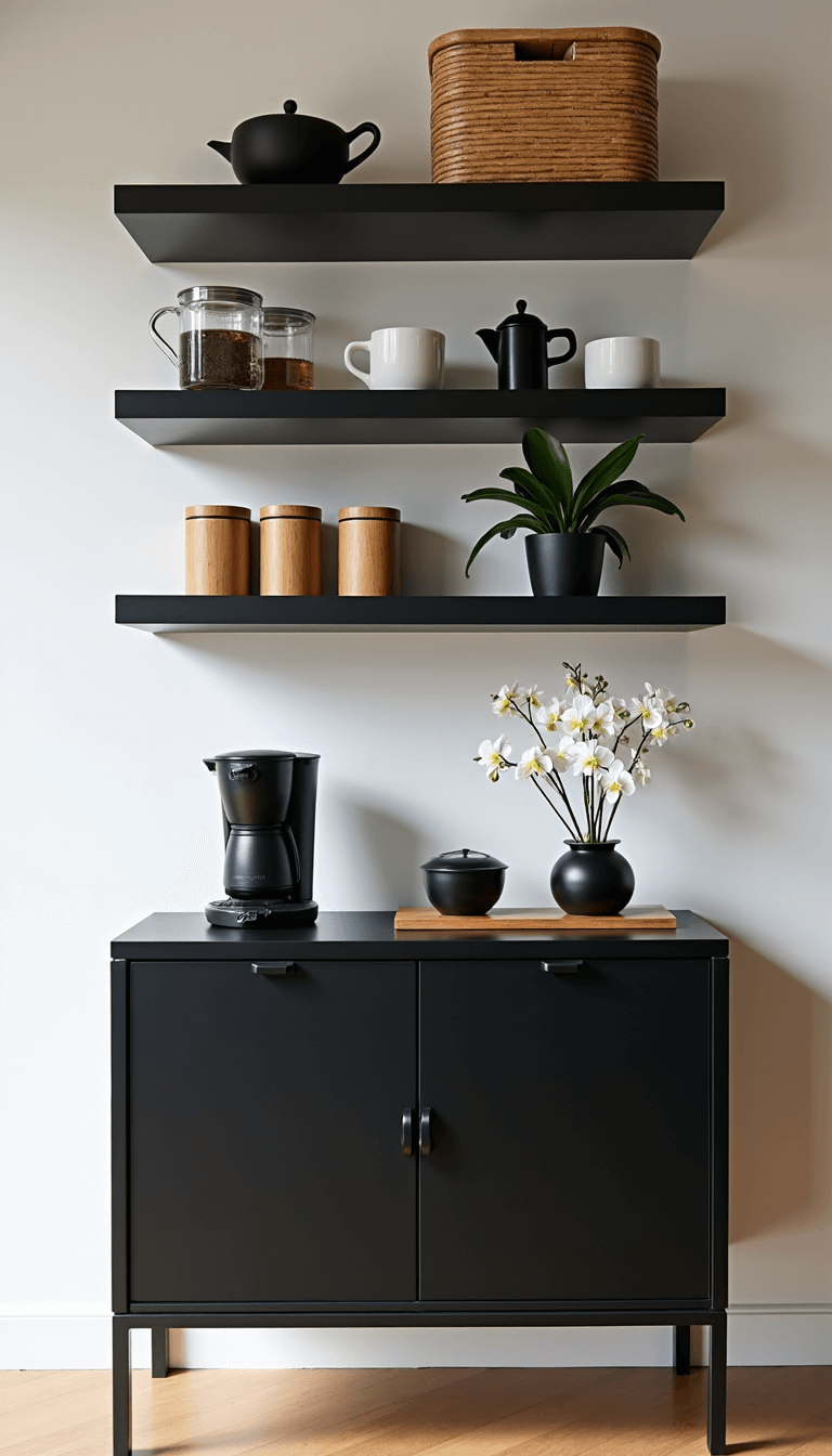 Contemporary Asian-inspired tea and coffee bar with black floating shelf, minimalist coffee maker, traditional tea set, bamboo storage containers, and added orchids, all under soft diffused light and featuring black, white and subtle green hues
