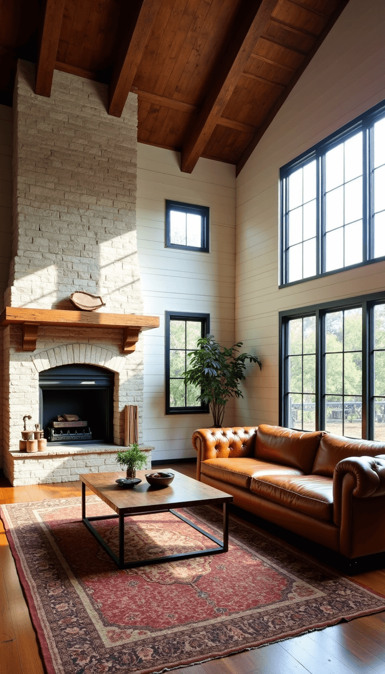 Sunny open-concept living room with vaulted ceilings, exposed wood beams, large stone fireplace, vintage Persian rugs, and industrial style furniture, shot from a low angle with moody lighting.