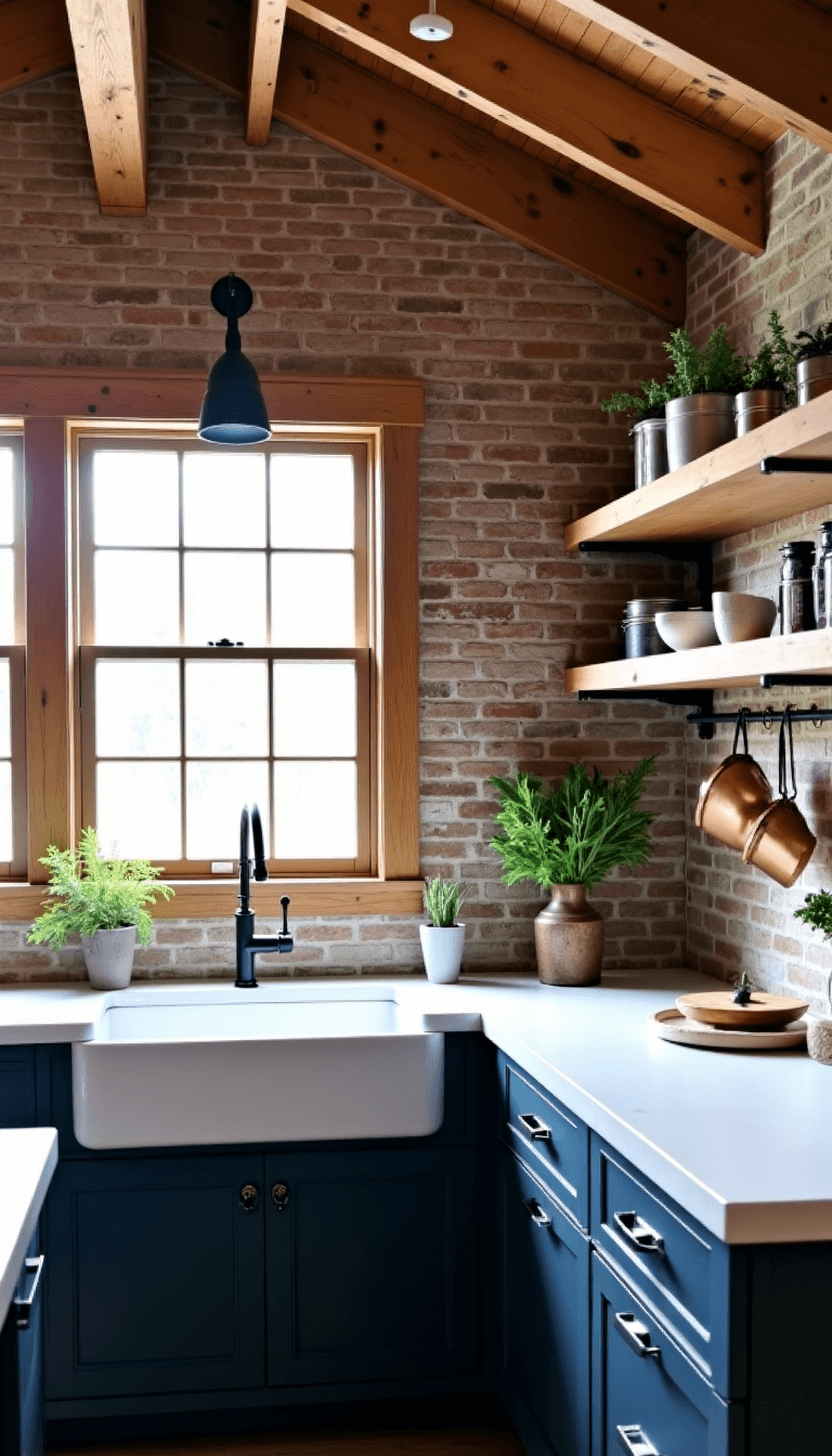 Barn-style kitchen with weathered oak beams, black metal pot rack, white concrete counters, dark navy cabinets, copper pots, hanging herbs on brick wall, and reclaimed wood open shelves with ceramics under natural morning light