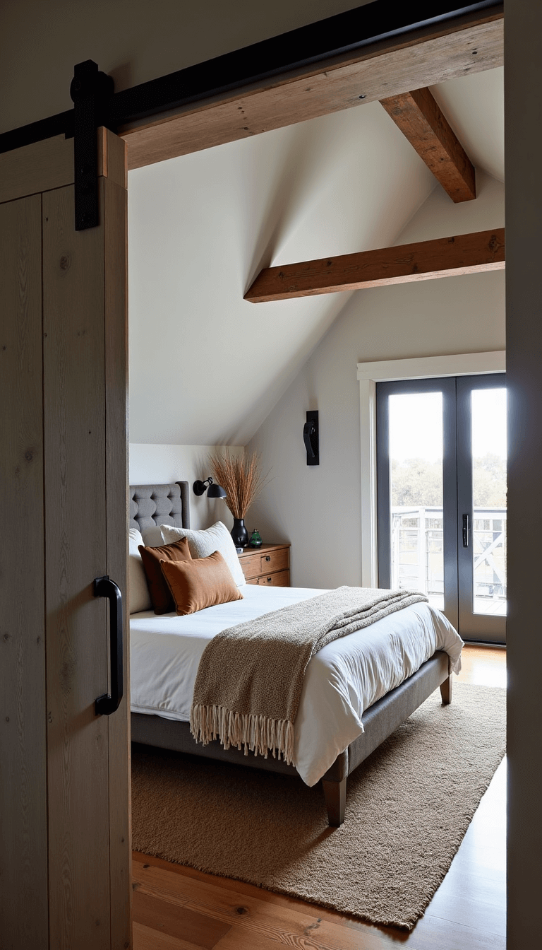Master bedroom featuring grey wooden barn door, king bed with ivory linens under a high-beamed ceiling, and illuminated by dusk lighting from black iron sconces.