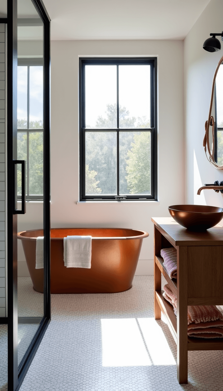 Modern farmhouse bathroom featuring copper tub under skylight, black steel shower, floating wood vanity and vintage towels, shot from above.