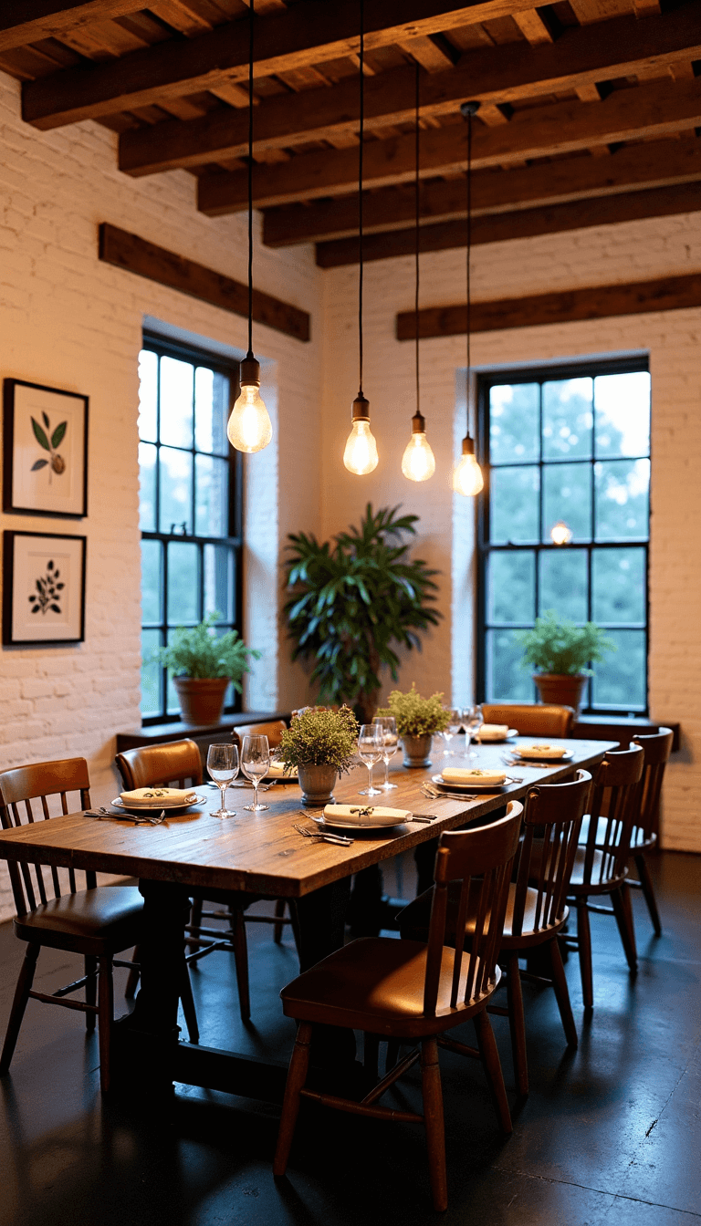 Dining space in converted barn loft featuring original timber frames, pendant lights with Edison bulbs, a reclaimed wood table, mixed seating, white brick walls with vintage botanical prints, and potted olive trees by the windows, lit by ambient and warm artificial lighting.