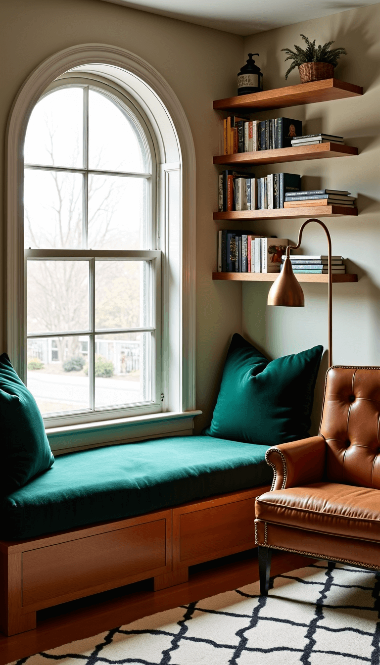 Cozy reading nook with afternoon light streaming through arched window, built-in window seat with green velvet cushions, floating oak shelves with books, vintage leather armchair, brass floor lamp and geometric patterned carpet