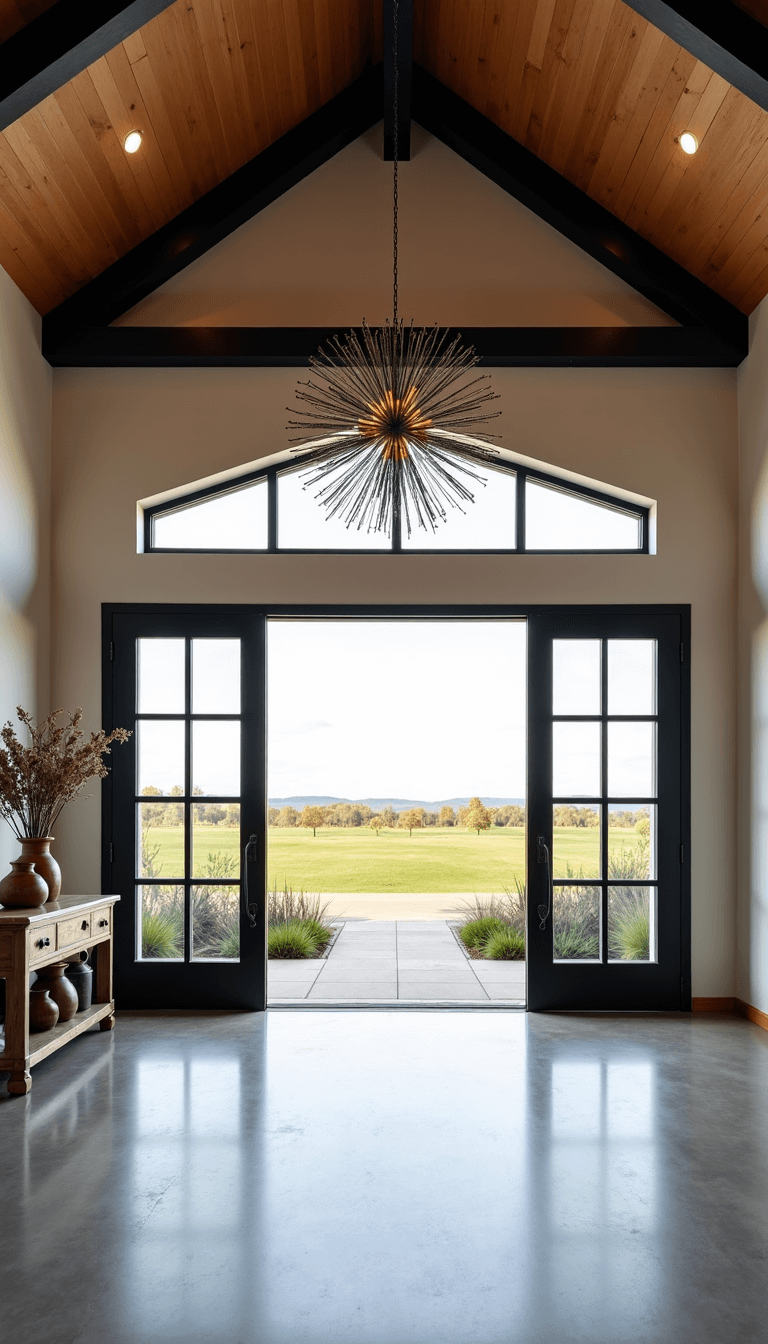 Barn-style entryway with cathedral ceiling, black metal trusses, clerestory windows, polished concrete floors, oversized steel and glass doors with countryside views, styled with a vintage console table and a modern sputnik chandelier, shot with a 14mm lens.