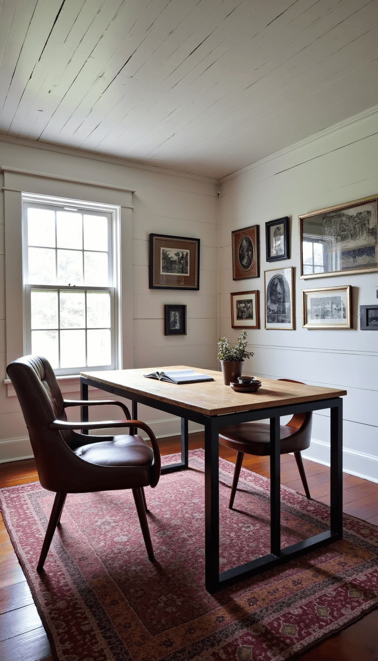Stylish home office in a converted hayloft featuring white-washed pine walls, blackened steel L-shaped desk, gallery wall with black and white vintage photography, and a colorful Kilim rug with view of glass wall created from original hay door.