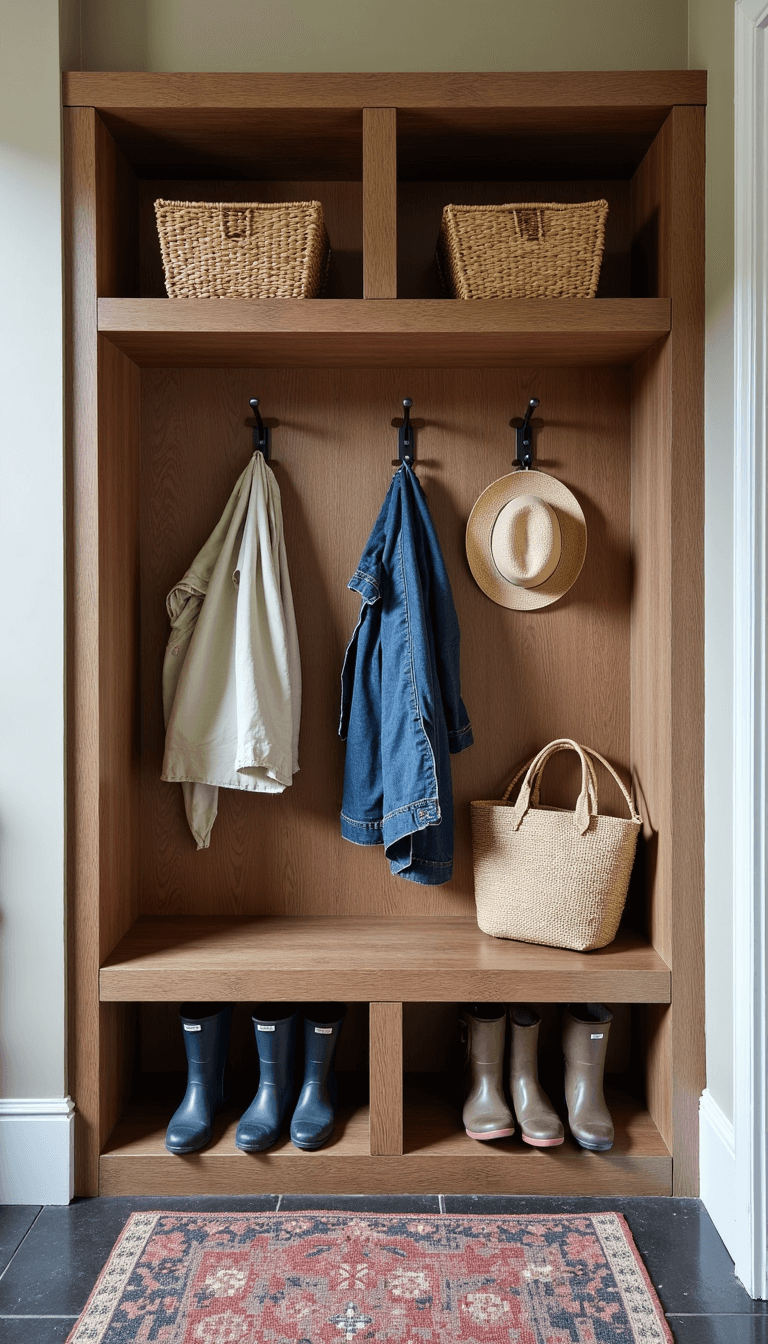 Mud room with weathered oak storage lockers, slate flooring, vintage indigo and rust runner, black iron hooks with hats and bags, and a copper boot tray with wellies and baskets.