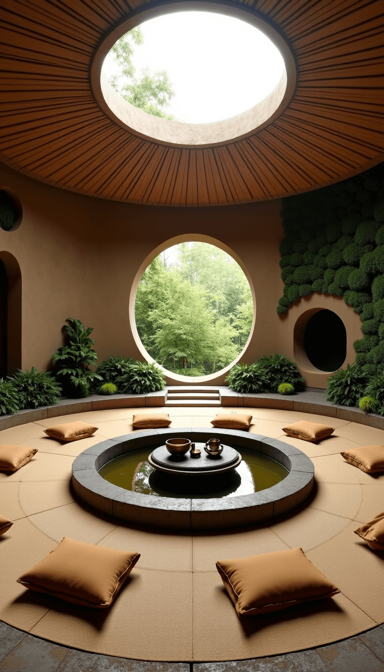 My Dream Backyard Studio: A Complete Design & Lifestyle Guide Above view of a 100 sq ft circular Zen meditation studio at sunrise featuring curved earth walls, bamboo ceiling, skylight, platform seating, singing bowls in niches, a water feature, tatami mats, and fern and moss wall.