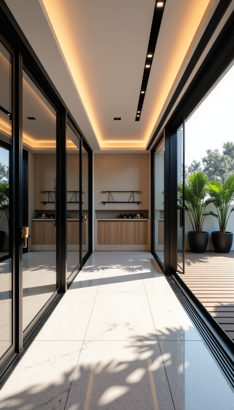 My Dream Backyard Studio: A Complete Design & Lifestyle Guide Contemporary 16x20ft fitness pavilion with mirrored wall, ballet barre, custom storage, retractable glass walls, matte black hydration station, TRX system, potted palms and LED strips, shot in morning light.