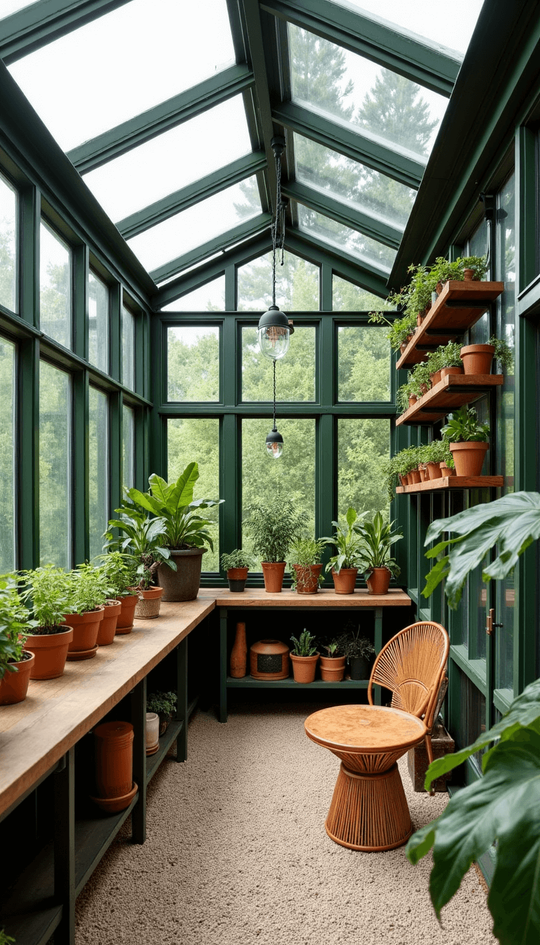 My Dream Backyard Studio: A Complete Design & Lifestyle Guide Victorian-inspired greenhouse studio with potting bench, living wall system, antique tools on copper rack, terra cotta collection on cedar shelves, vintage rattan peacock chair and pea gravel flooring shot through foliage in diffused afternoon light.