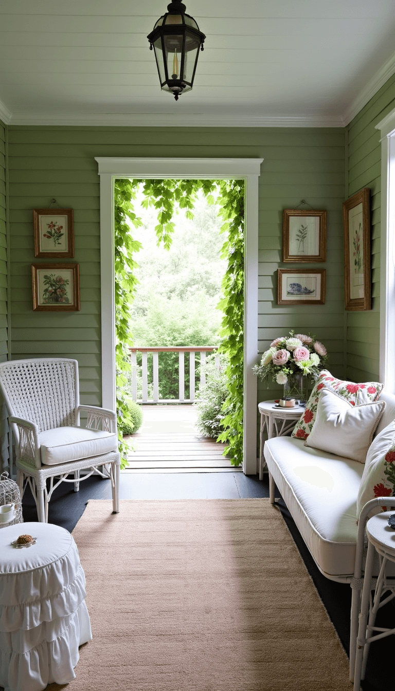 Vintage garden-inspired enclosed porch with white wicker furniture, floral cushions, bird cages, botanical prints, and distressed wooden side tables with teacups and flowers. A ceiling-mounted swing with ruffled cushions hangs in the room lit by dappled natural light filtering through climbing vines.