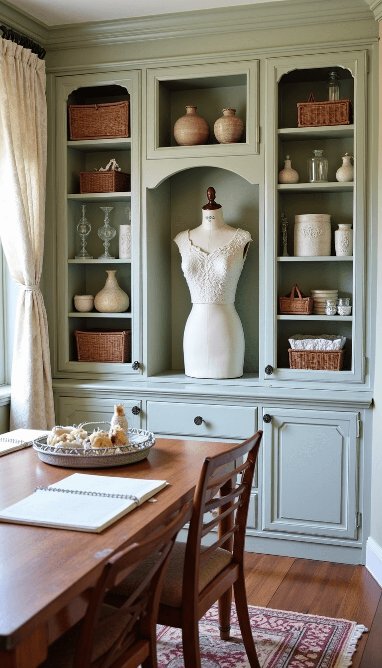 Overhead view of a feminine 10x12ft craft room with built-in storage, vintage dress form, paint-distressed cabinets with crystal knobs, and well-used wooden table bathed in soft natural light.
