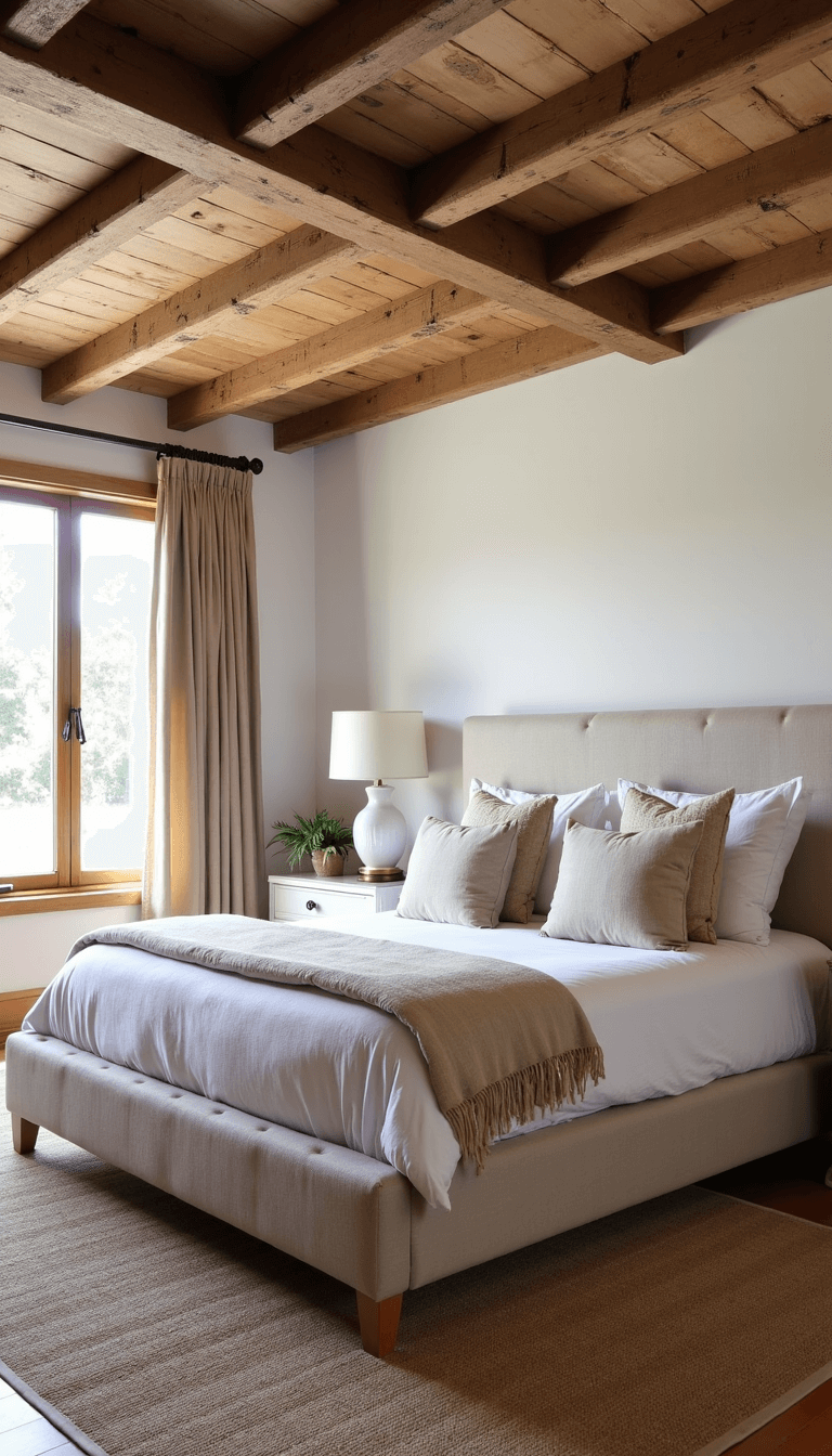 Afternoon light illuminating a rustic-chic beige bedroom with reclaimed wood beam ceiling, California king bed with natural linen headboard, whitewashed nightstands, Turkish rug over sisal carpet, and wrought iron curtain rods with oatmeal panels.