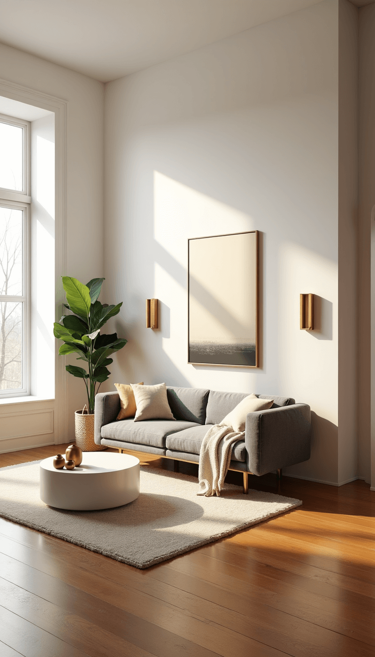 Sunny 400 sq ft studio apartment with white walls, oak flooring, gray sofa bed, brass sconces, round nesting coffee table set, cream wool rug, ceramic decor, and monstera plant in a minimalist setting