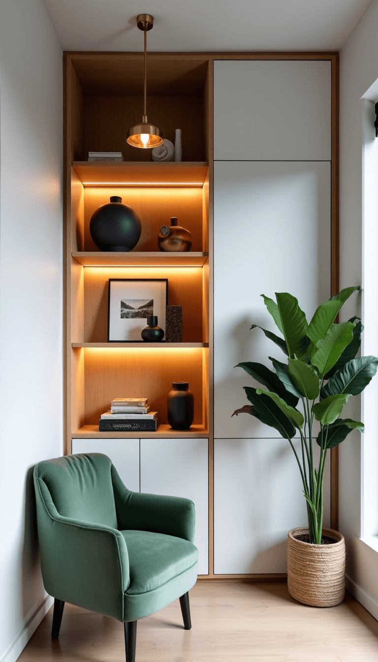 Dusk view of a compact living area featuring high white walls, floor-to-ceiling white and oak shelving, a small sage green velvet chair, minimal geometric decor, and warm LED lighting.