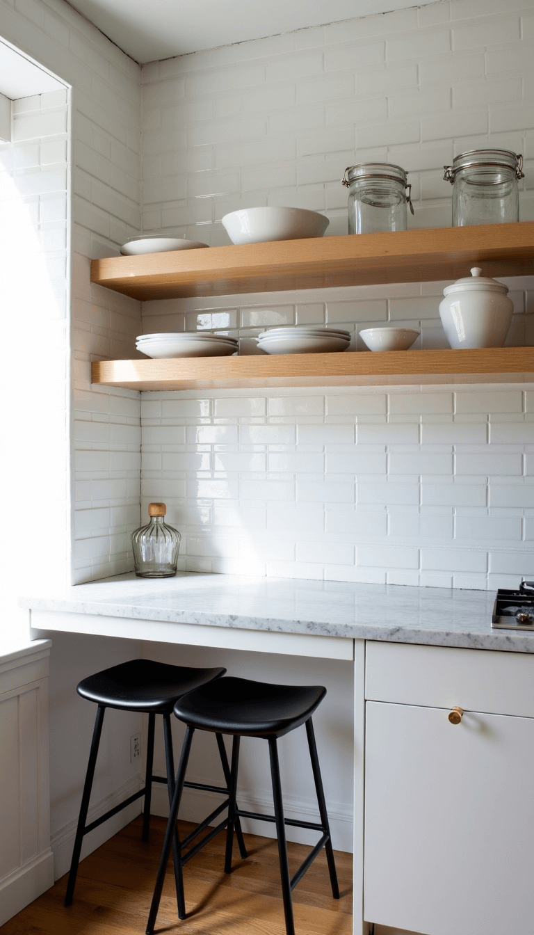 Small, efficiently designed kitchen in a 300 sq ft apartment with white subway tiles, oak floating shelves, marble island and brass hardware, bathed in mid-morning light.