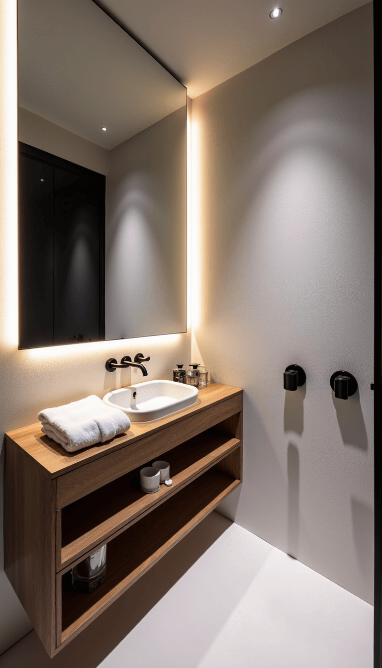 Blue hour view of a bathroom sanctuary in a micro apartment featuring porcelain tiles, matte black fixtures, a floating wood-toned vanity with integrated LED lighting, and a large mirror with hidden storage.