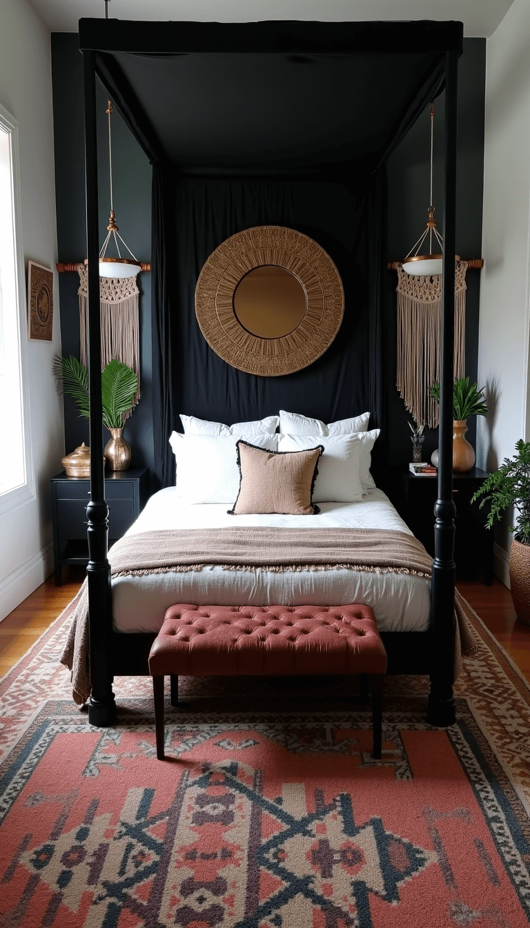 Overhead drone view of a midday black boho bedroom featuring a four-poster bed with black drapes, vintage rugs, a bronze sun mirror, decor on black nightstands and trailing plants in macramé hangers.