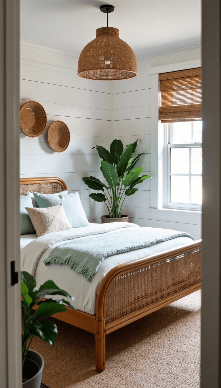 Vintage rattan bed in a small guest bedroom with soft white shiplap walls, woven bamboo blinds, ivory and aqua bedding, jute pendant lamp, and potted palms, captured in morning light from doorway height.
