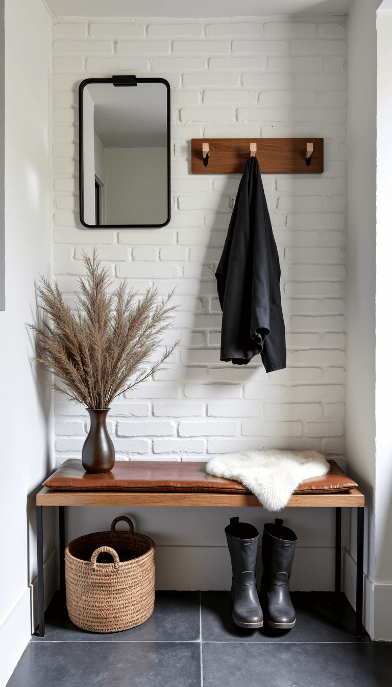 Nordic style entryway with slate flooring, a white-painted brick wall, wooden bench with sheepskin, black metal coat rack with wooden pegs, vintage mirror, woven basket with winter accessories, and grey rubber boot tray, captured from above in natural light.