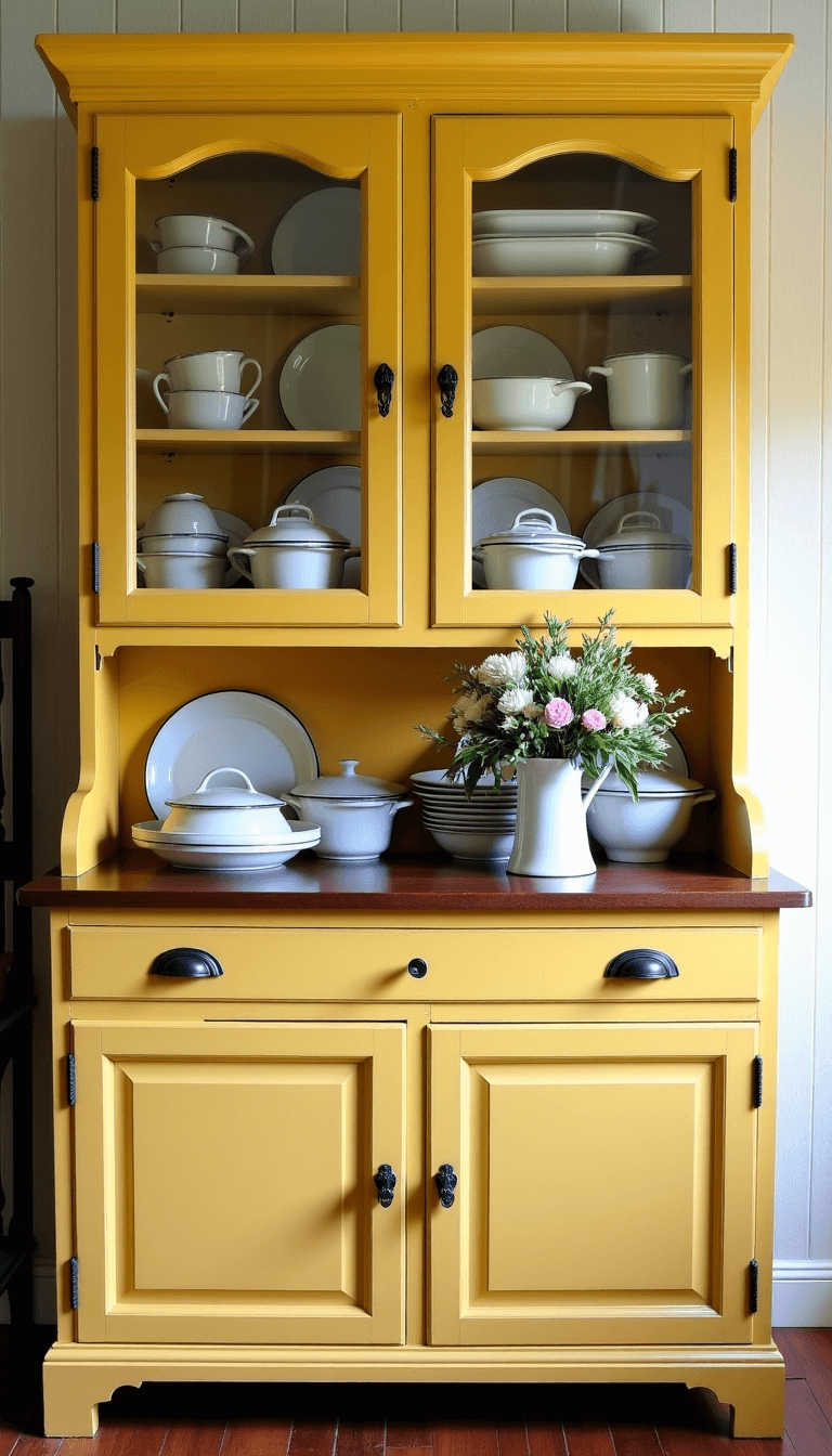 Butter yellow country kitchen hutch with vintage tablecloths and enamelware collection, styled with a milk glass vase and fresh flowers, against a shiplap wall in warm afternoon light.