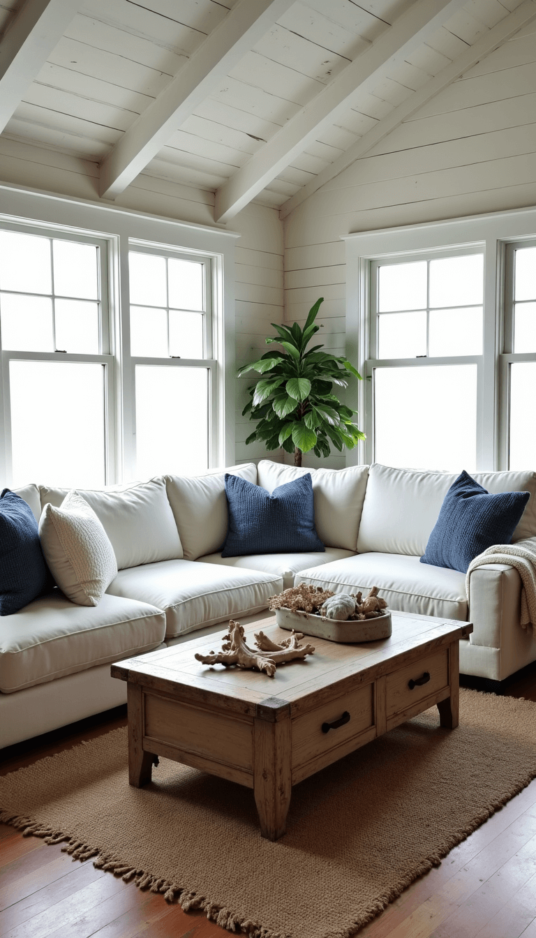 Sunny, spacious living room with vaulted ceilings, exposed beams, large windows, ivory linen sectional sofa, distressed wooden coffee table with coastal decor, and layered rugs providing texture.
