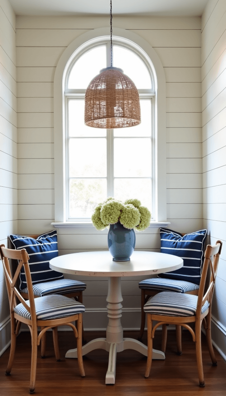 Breakfast nook with white shiplap walls, a dramatic arched window, and rusty farmhouse table under a rattan pendant lamp, all illuminated by late afternoon light.
