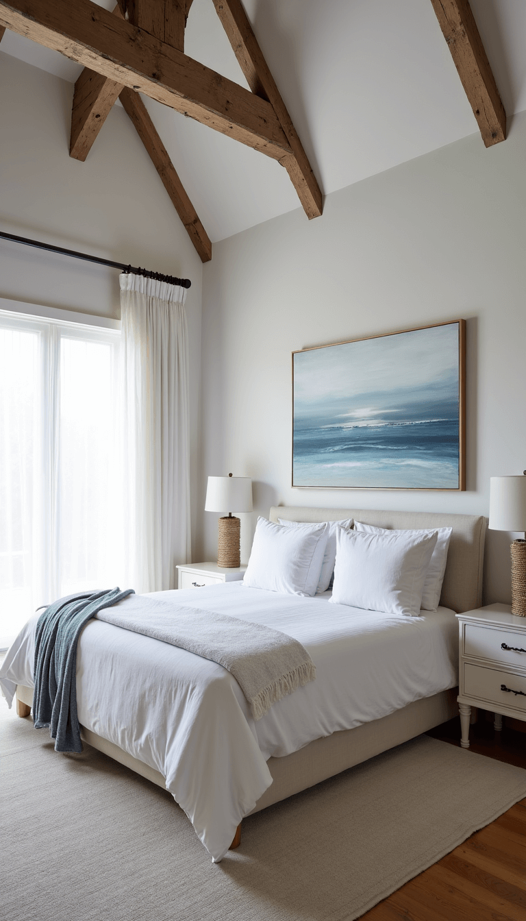 Spacious primary bedroom with cathedral ceiling, exposed driftwood beams, king-sized bed with white linens, chambray throws, whitewashed nightstands, rope-wrapped lamps, and oversized seascape artwork, bathed in ethereal morning light