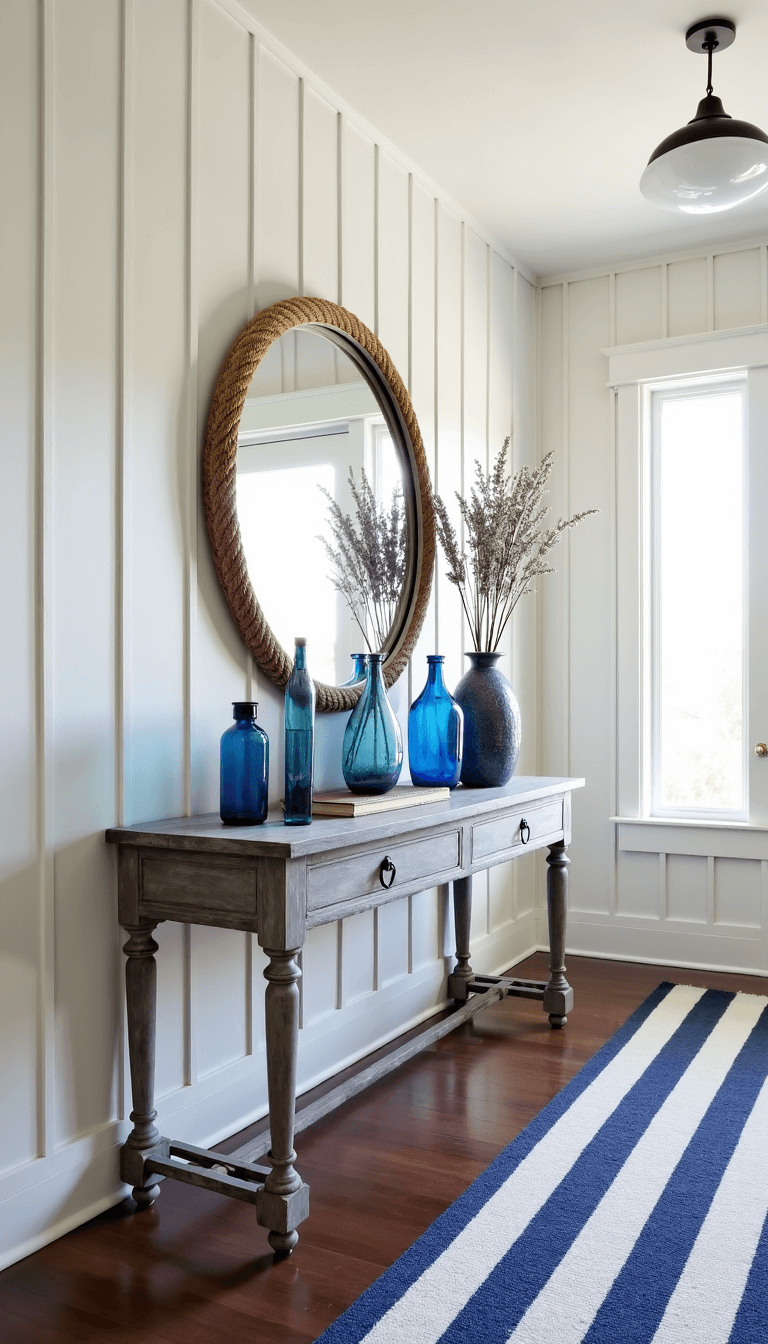 Warm white entryway with vintage console table, blue glass bottle collection, weathered grey wood, oversized mirror with rope detail, and striped navy and ivory runner