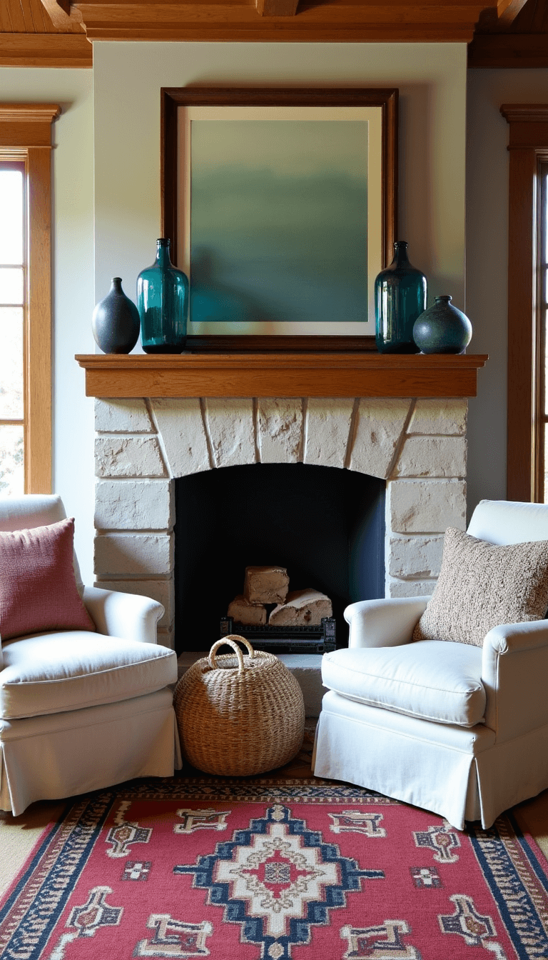 Cozy family room with limestone fireplace and reclaimed wood mantel, natural linen armchairs, woven baskets, blue-tinted glass vessels, sisal carpet and vintage kilim rug, captured in warm afternoon light