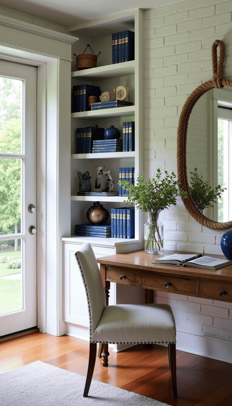 Serene home office with French doors, whitewashed brick walls, built-in bookshelves with blue books and coastal artifacts, weathered oak desk with linen chair, vintage map artwork, and rope-wrapped mirror in natural lighting