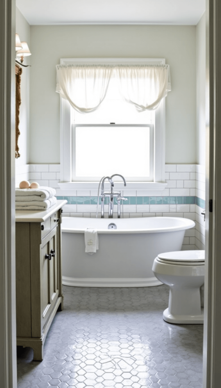 Luxurious 10x12ft bathroom with freestanding tub, grey hexagon floor tiles, white subway wall tiles, vintage apothecary cabinet, driftwood-framed mirror, and soft lighting