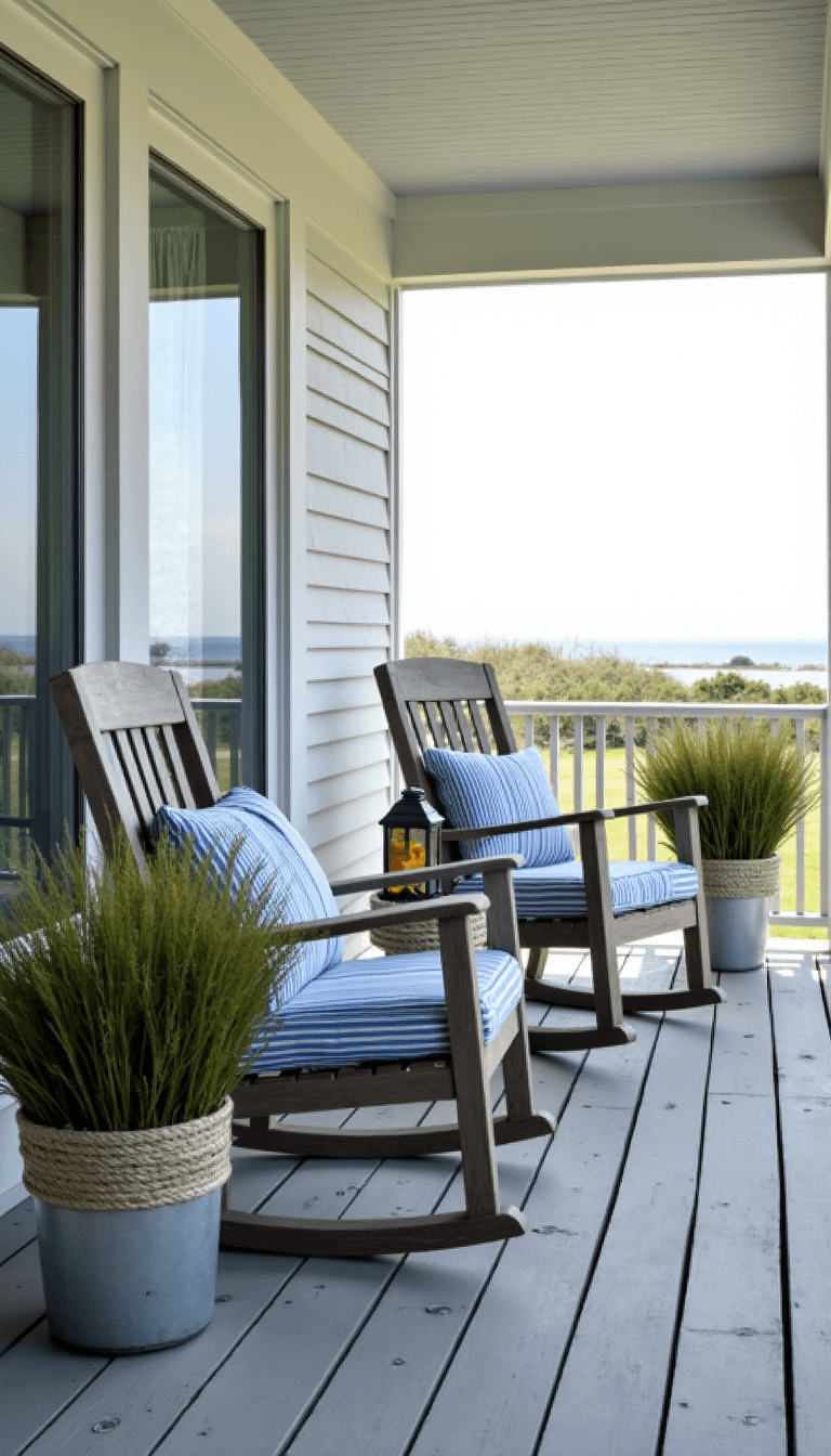 Coastal-style covered porch with whitewashed ceiling, weathered deck boards, oversized grey rocking chairs with blue striped cushions, coastal grasses in vintage zinc planters, rope lanterns for light, and white curtains framing the ocean view.