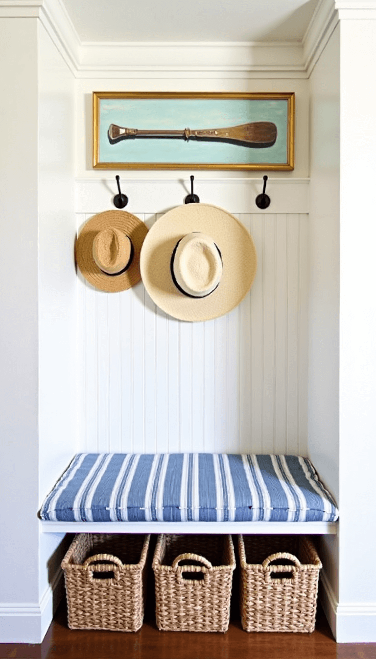 8x10ft mudroom with built-in storage bench, shaker-style hooks, rope-handled baskets and vintage oar artwork displayed above the blue and white striped cushion.