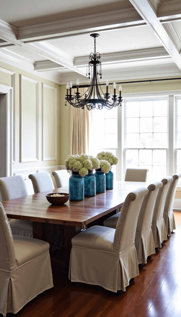 Elevated view of elegant 16x20ft dining room with coffered ceiling, wainscoting, farmhouse table seating eight, and chandelier lighting. Decor includes blue and white ginger jars with white hydrangeas and sea holly, and a vintage dough bowl centerpiece filled with shells.