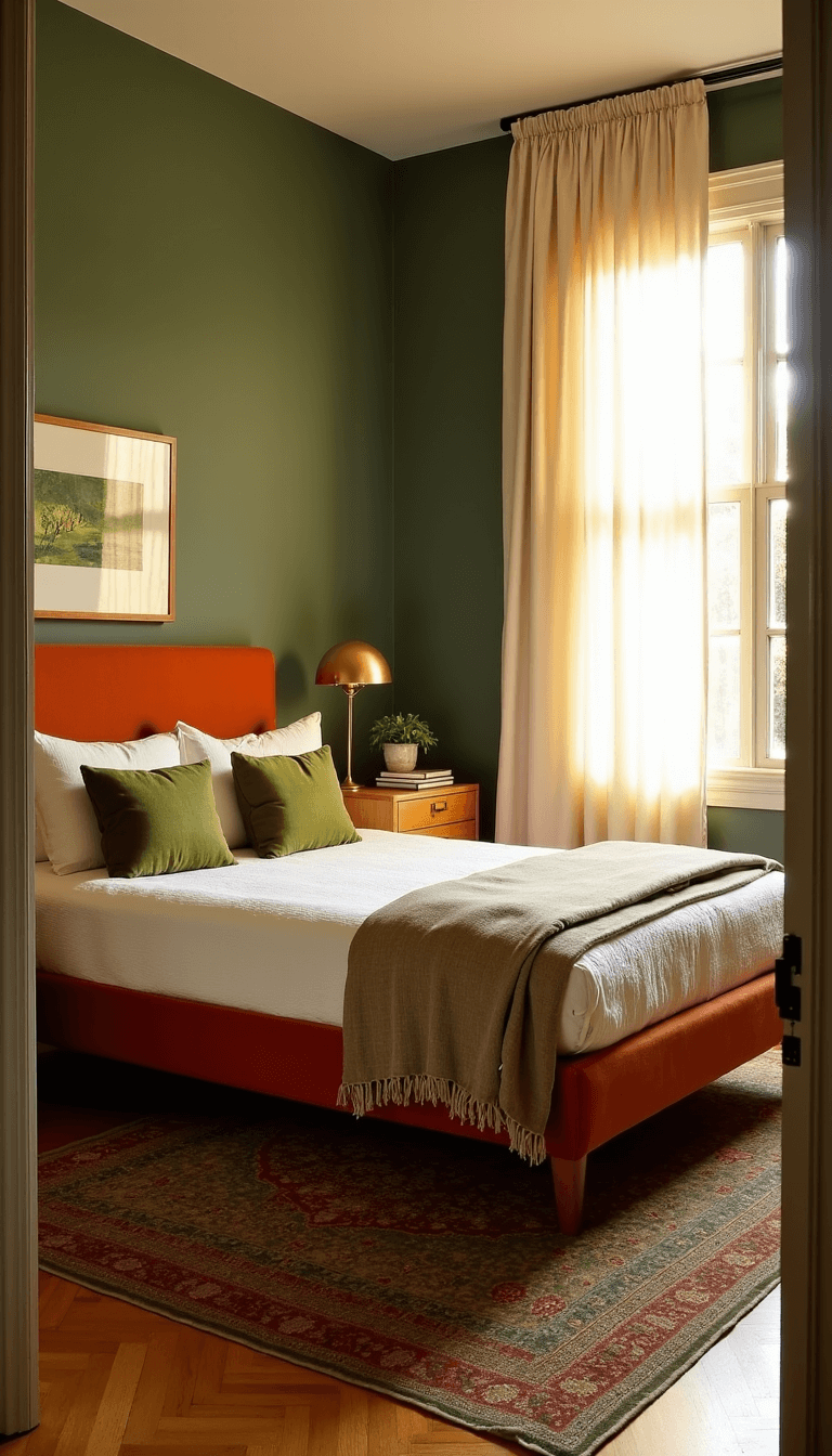 Sunlit bedroom with sage green walls, oak nightstands and terracotta velvet upholstered bed, accented by vintage Persian rugs and linen bedding.