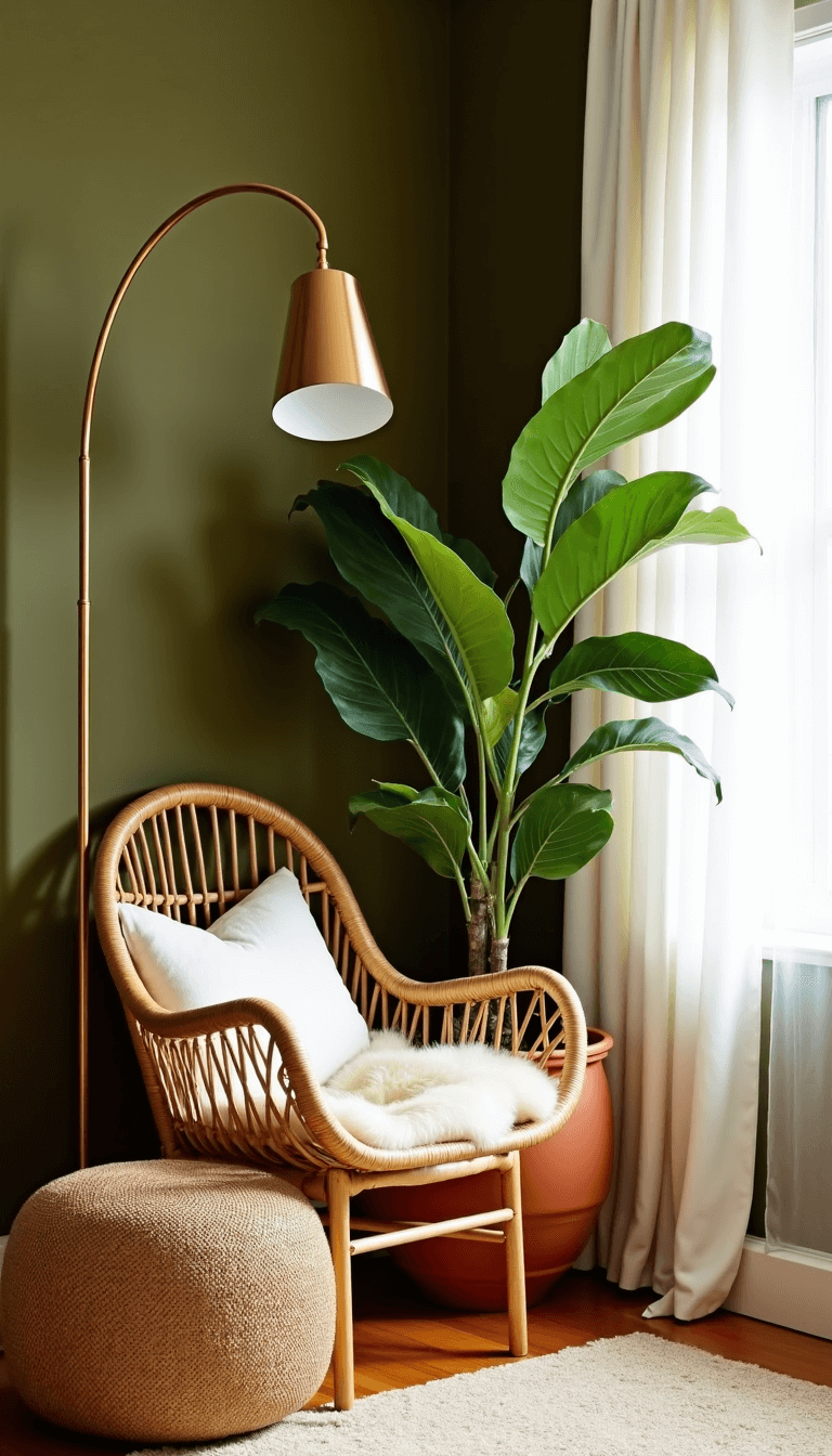 Cozy reading nook with rattan chair, brass floor lamp, jute pouf, ceramic planter with fiddle leaf fig, and sheepskin throw against olive green walls with morning light filtering through curtains