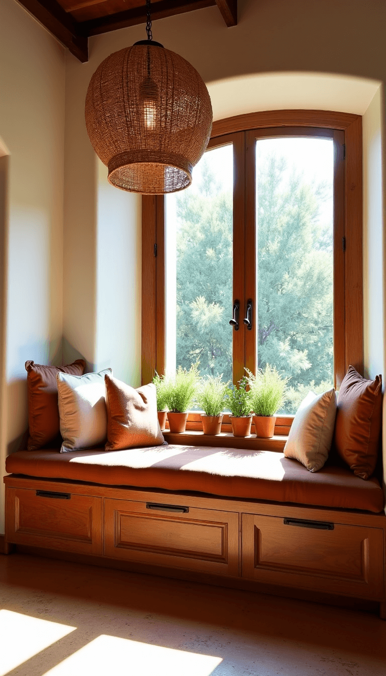 Mediterranean-inspired window seat with terracotta cushions, earth-tone pillows, and potted herbs on windowsill lit by afternoon sunlight.