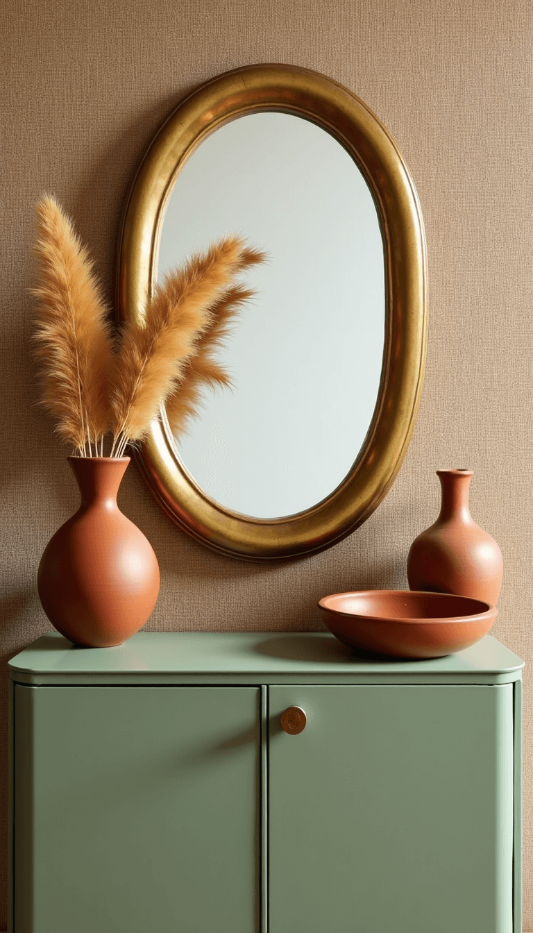 Boho vanity vignette with brass mirror, green console, artisanal ceramic vessels, and handmade pottery dishes against grass cloth wallpaper