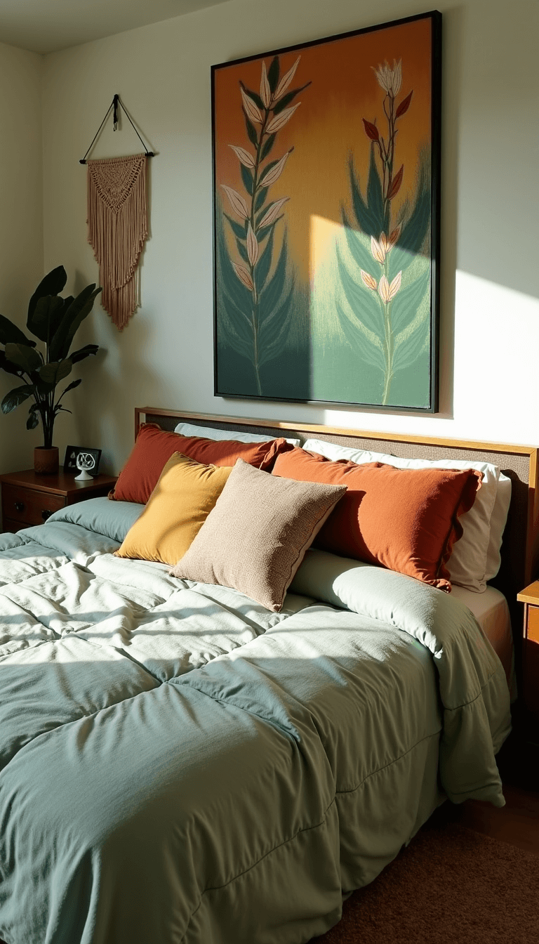 King bed with sage green linen duvet, rust-colored throws, and mixed pattern pillows, featuring oversized abstract botanical art and macramé wall hanging, bathed in soft morning light