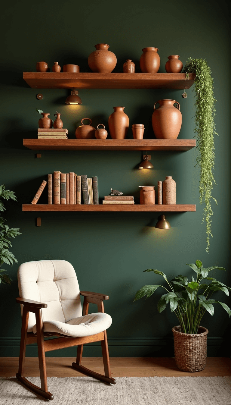 Dramatic deep olive green accent wall with wooden shelves holding terracotta vessels, vintage books, and trailing plants, lit by brass picture lights in evening ambiance