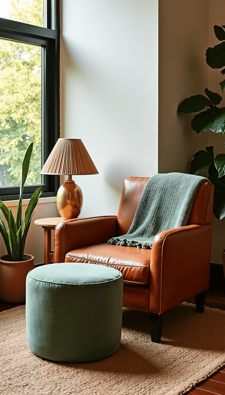 Cozy room with terracotta leather chair, sage green ottoman, woven rug with Moroccan throw, ceramic side table with brass lamp, and plants of varying heights in golden hour lighting