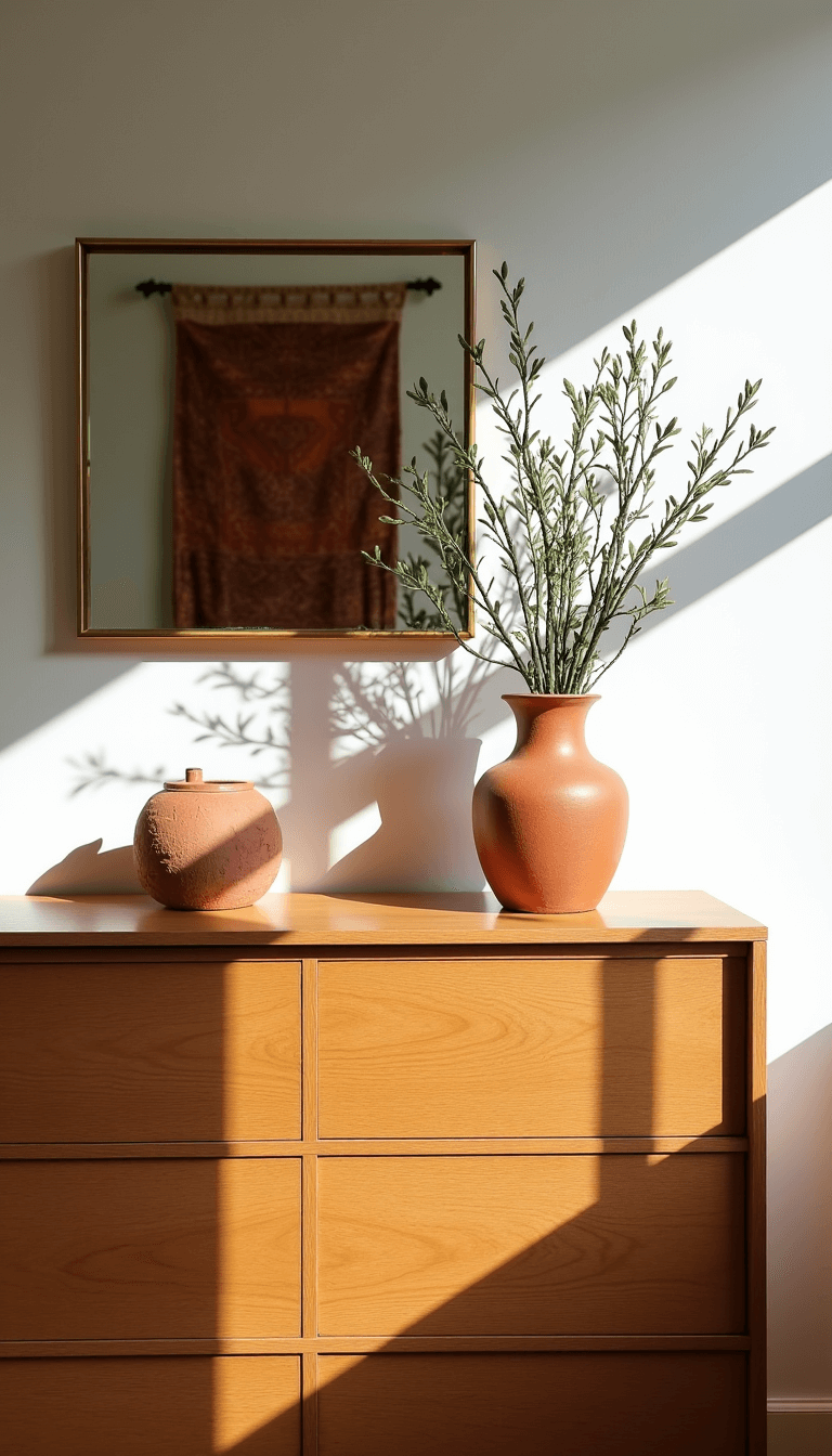 Modern farmhouse oak dresser with olive branches in vase, vintage brass mirror, terra cotta textile art, and dramatic morning shadows