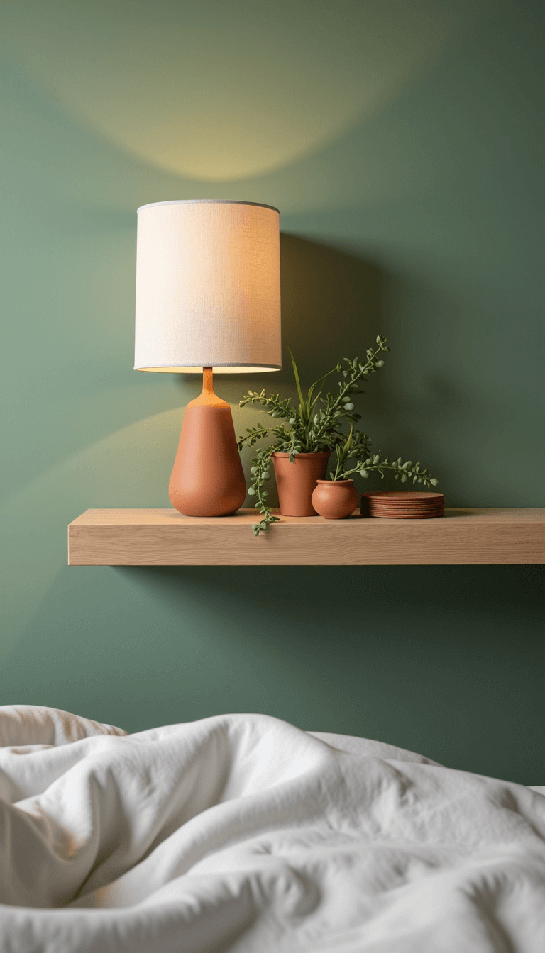 Minimalist oak bedside shelf against sage green wall featuring a terracotta table lamp, propagation vessels with trailing vines, and stack of ceramic coasters in evening lighting.