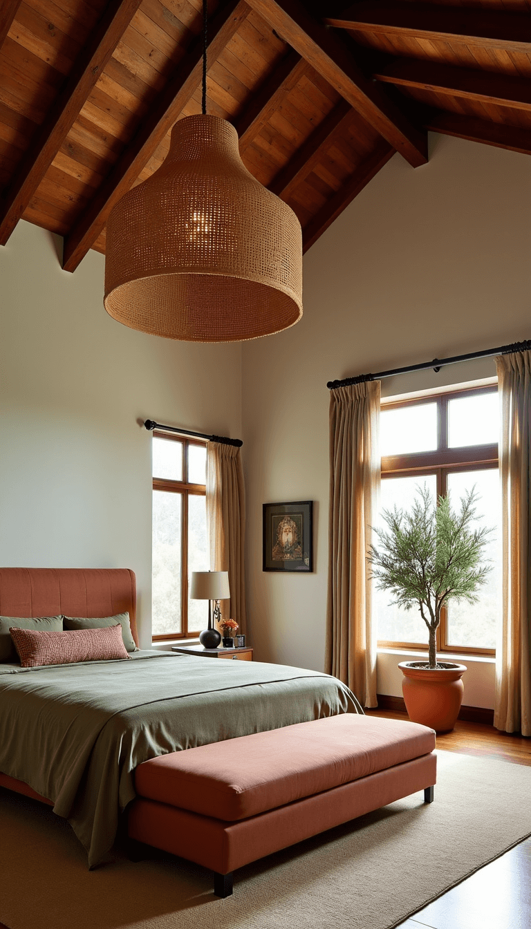 Elevated view of a cathedral ceiling bedroom with exposed wood beams, king bed in terracotta and sage linens, oversized woven pendant light, floor-to-ceiling windows with sheer panels, and a potted olive tree