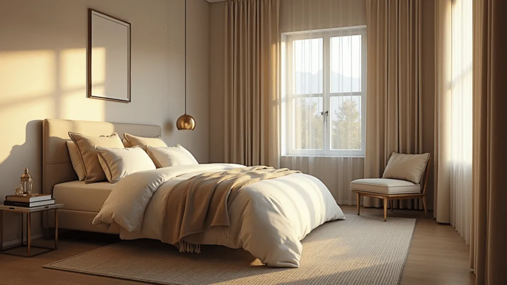 "Golden hour sunlight fills a serene beige bedroom with layered textures, a plush queen bed, brass accents, sheer curtains, vintage rug, and minimal wall art."