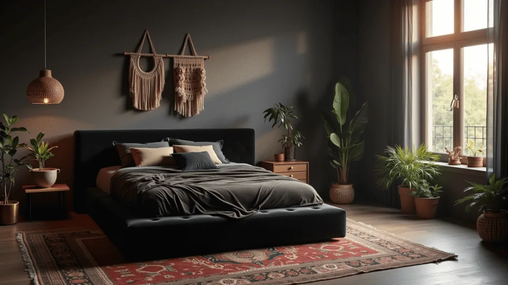 "Bohemian style black bedroom with velvet platform bed, golden hour light, macramé wall decor, Persian rugs, rattan pendant light and potted plants."