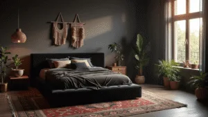 "Bohemian style black bedroom with velvet platform bed, golden hour light, macramé wall decor, Persian rugs, rattan pendant light and potted plants."