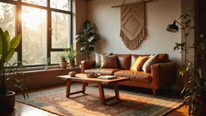 "Bohemian living room with mid-century leather sofa, walnut coffee table, Persian rug, macramé wall hanging, and brass lamp in warm, natural sunlight"