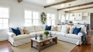 "Sunlit coastal farmhouse living room with white shiplap walls, driftwood beams, linen sofa, blue accents, and woven textures"